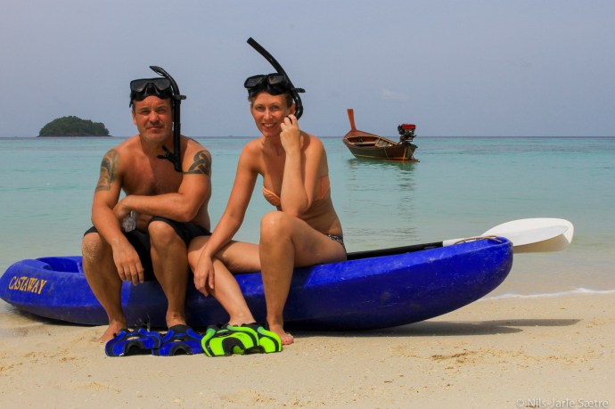 Akkurat ferdig med en av mange snorkelturer. Kjakk var kjekt å ha da vi besøkte en liten øy.